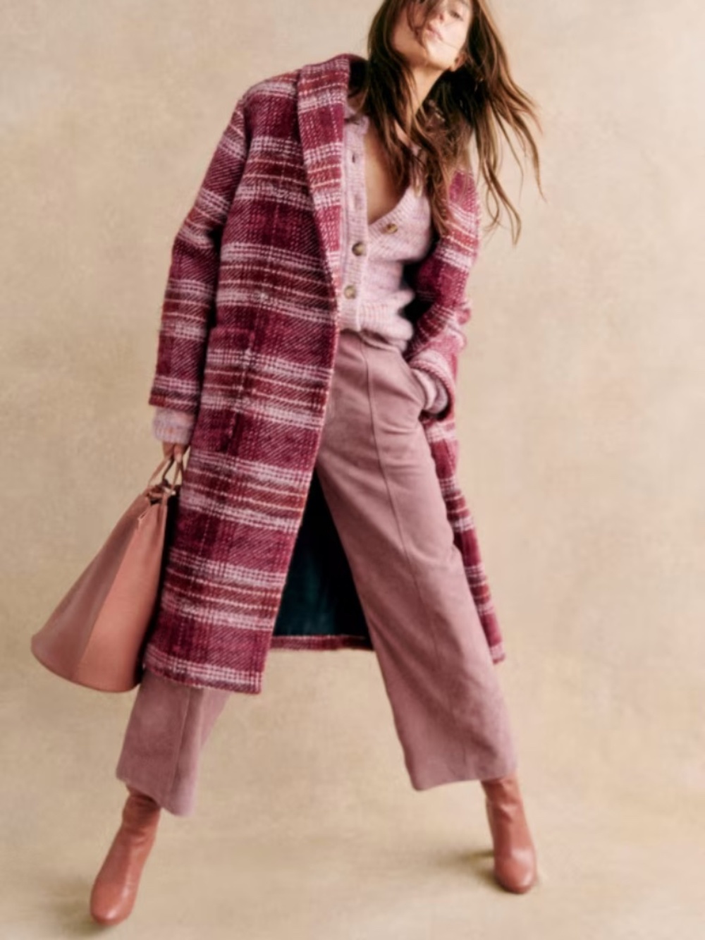 Sézane Joe Coat Burgundy & Pink Tartan Size 2